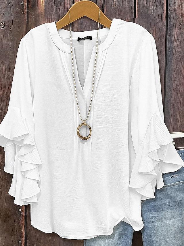 Women's Texture Blouse Blouse Ruffle Solid Color Elegant