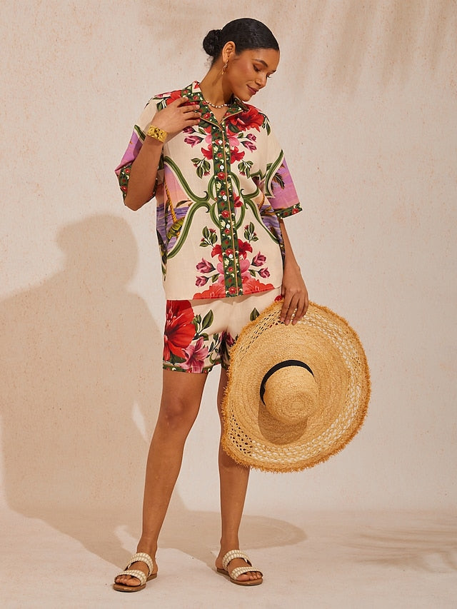 Hawaii Palm Airy Linen Look Floral Shirt