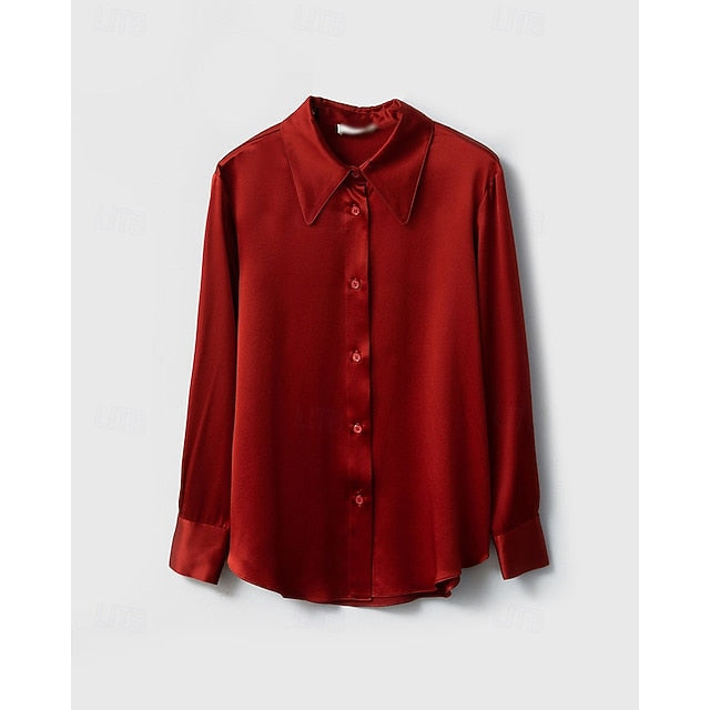 Buttons Top Shirt Women's Plain Satin Silk Elegant