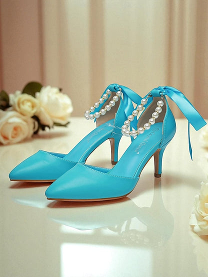 Blue with Ankle Bow Kitten Pumps Pearl - Women's Heel Strap