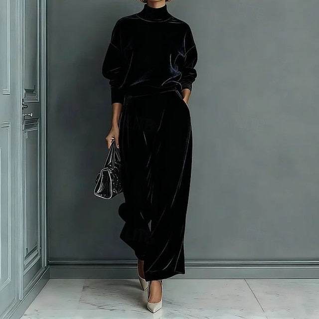Women's Pants Sets Bolero Top Long Sleeve Turtleneck Solid