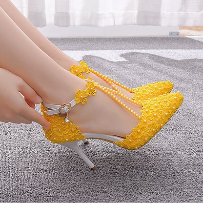 Heel Shoes Women's Wedding High Bridal Lace Pointed