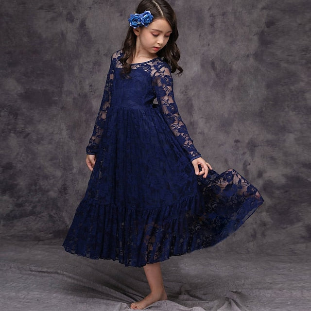 Girls' Solid Kids Colored Flower Long Dress Girl