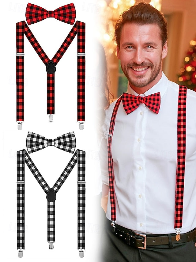Set Suspender Plaid Adjustable Bow and Men's Christmas Tie