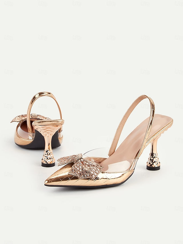 Detail Gold Bow Slingback Quilted with - Heels Women's