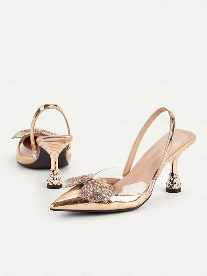 Detail Gold Bow Slingback Quilted with - Heels Women's