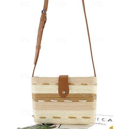 Striped with Bag Colorblock Women's Straw Woven Brown Tote