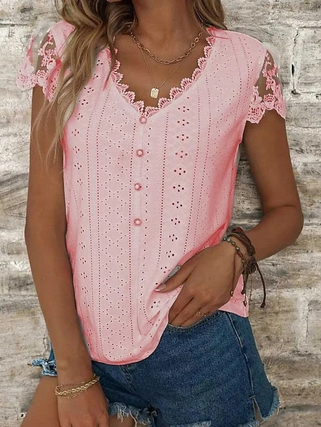 Women's Blouse Lace Eyelet Buttons Solid Color Stylish