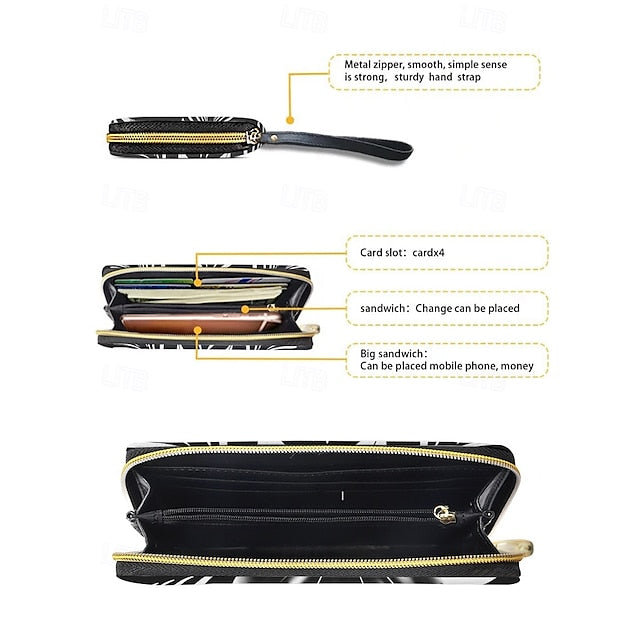 Floral Black Women's Wallet Faux White and Print –