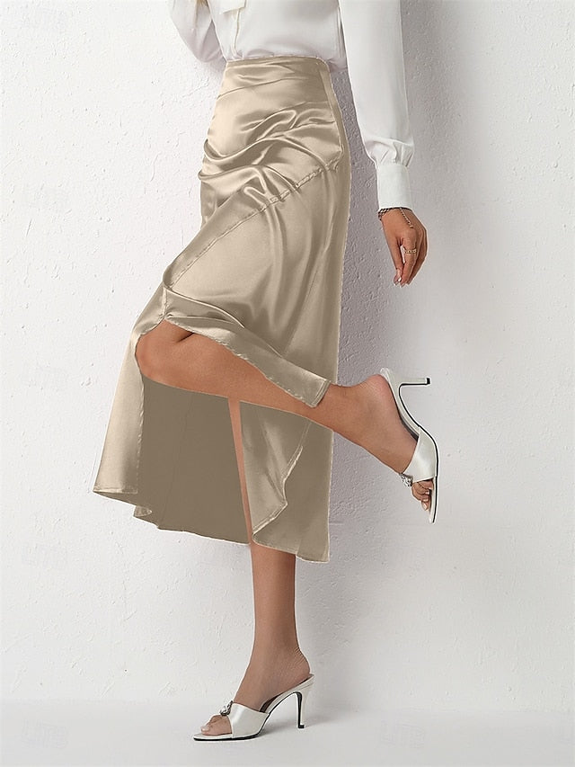 Women's Satin Skirts Elegant Vintage Fashion Casual Midi