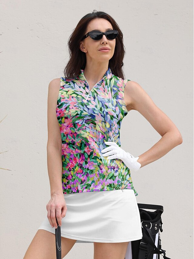 Women's Golf Polo Shirt Pink Sleeveless Top Floral Ladies