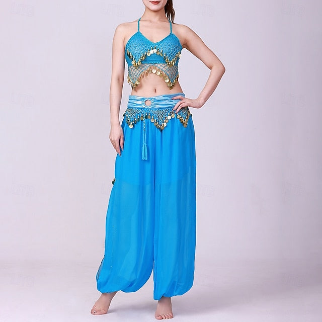 Latin Dance Top Gold Coin Pure Color Splicing Women's