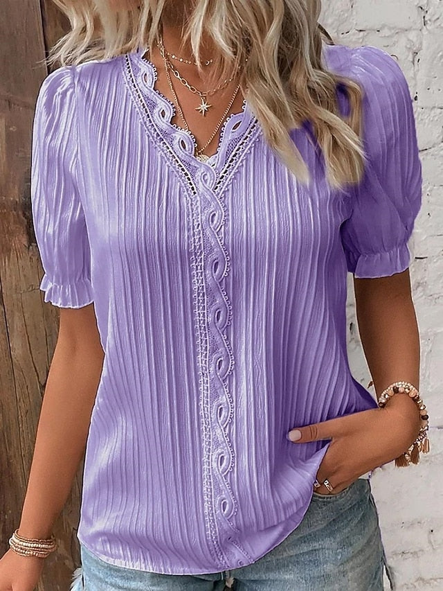 Women's Blouse Lace Tops Lace Patchwork Solid Color Stylish