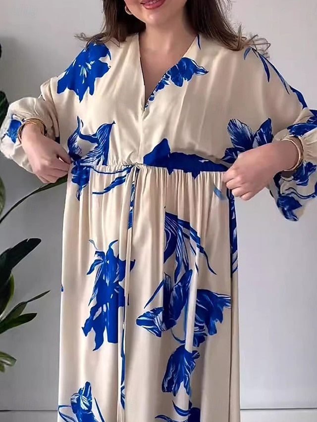 Women's Floral V Neck Maxi Dress Long Sleeve Summer Spring