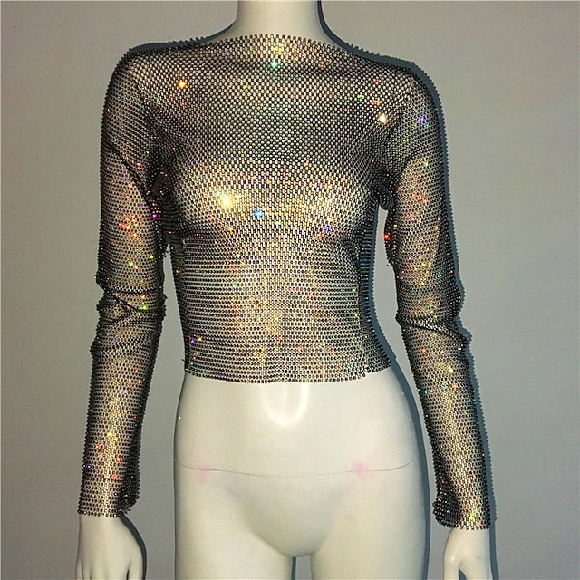 Metallic Sparkle Sexy Shirt Sheer Mesh Rhinestone Cover Up Disco
