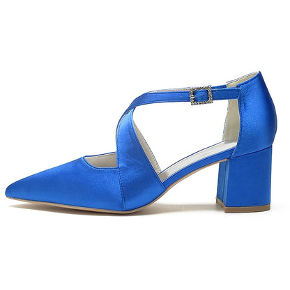 Satin Elegant Toe – White Women's Heels Block Pointed