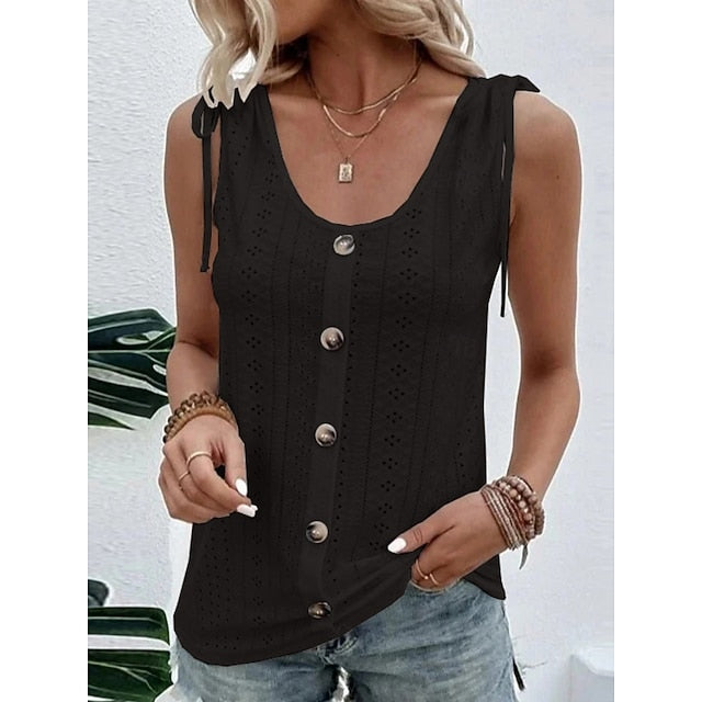 Women's Tank Top Eyelet Buttons Plain Fashion Stylish