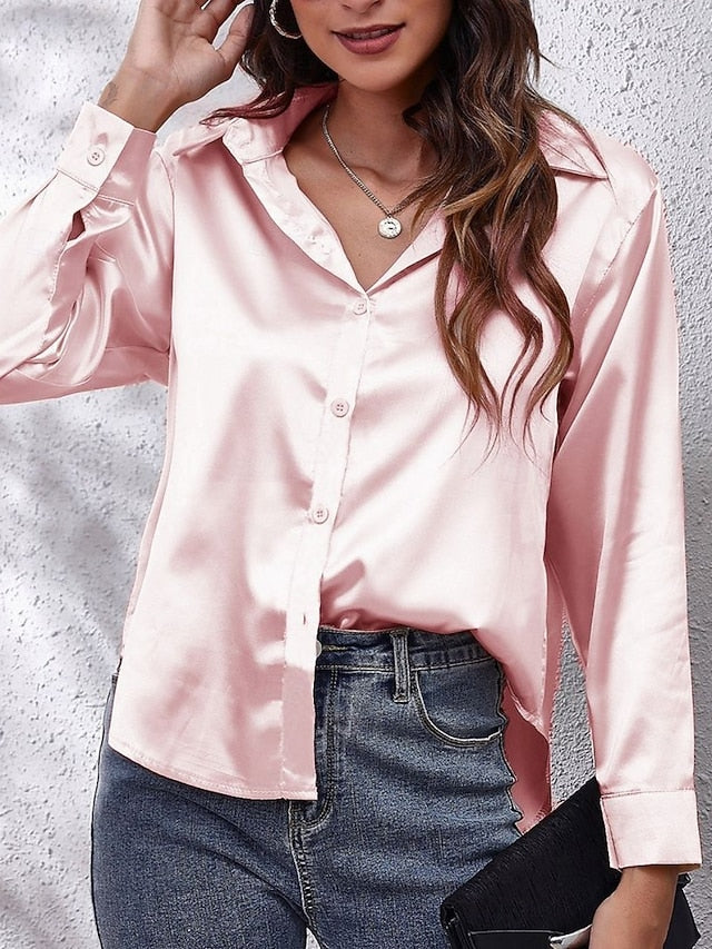 Women's Shirt Elegant Dressy Satin Top Buttons Solid Color