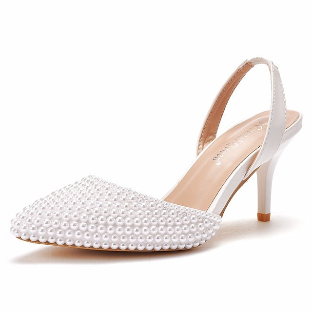 White Slingback Heels Women's with Pearl Embellishments –