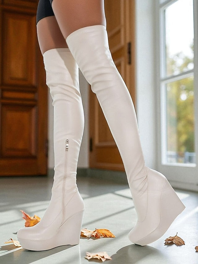 Knee the Wedge Over Women's Black - Heel Faux Boots Leather