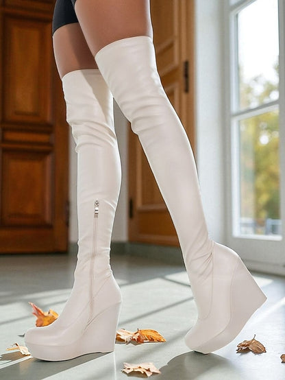 Knee the Wedge Over Women's Black - Heel Faux Boots Leather