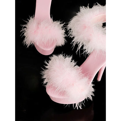 –Stylish Heels High Sandals Fluffy Pink Platform with