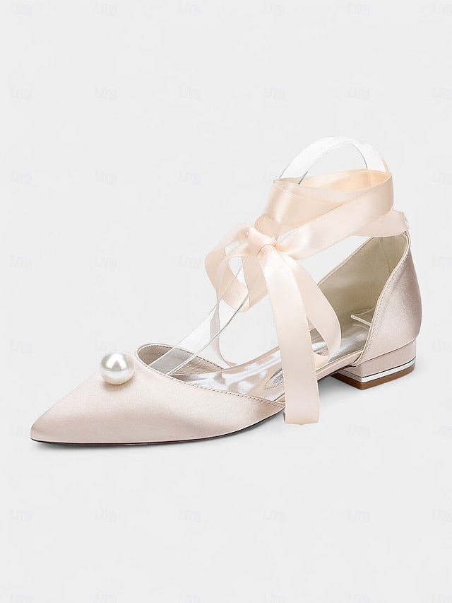 Satin Toe Embellished Pearl - Flats Pointed Women's Navy