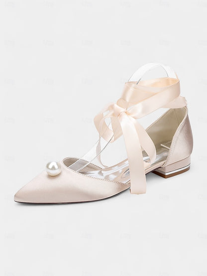 Satin Toe Embellished Pearl - Flats Pointed Women's Navy