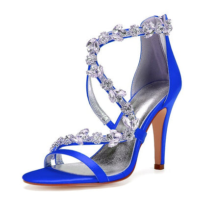 High Heel Women's Sandals with Satin Pink Floral Rhinestone