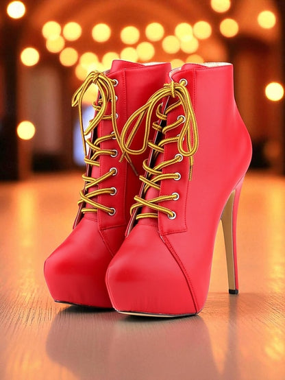 Boots Beige Platform Women's - Lace-Up Ankle Leather Faux