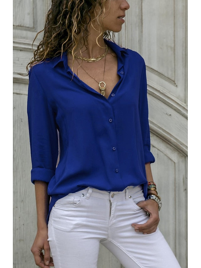 Women's Shirt Blouse Black White Blue Plain Long Sleeve