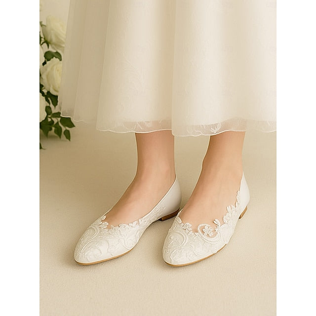 Vintage – Flats White Ballet Embroidered Lace Women's