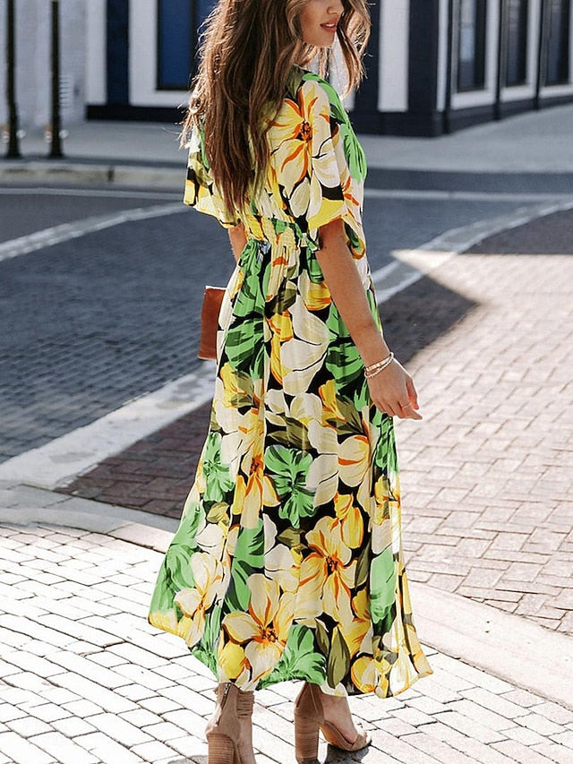 Women's Casual Dress Floral Split Print V Neck Long Dress