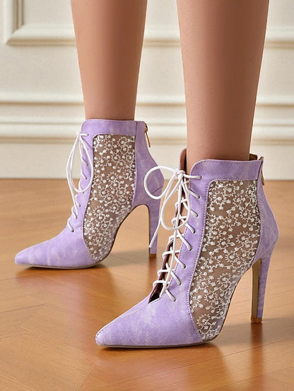 Women's Ankle White Booties Lace with Mesh Stiletto Heels