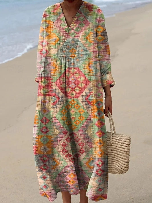 Women's Midi Dress V Neck Long Sleeve Kaftan Lightweight