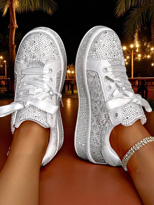Lace-Up Women's Rhinestone Glamorous Sparkly Sneakers -
