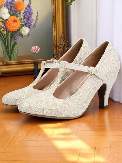 Pumps-1920s Lace Women's Heel T-Strap Ivory Vintage Mid
