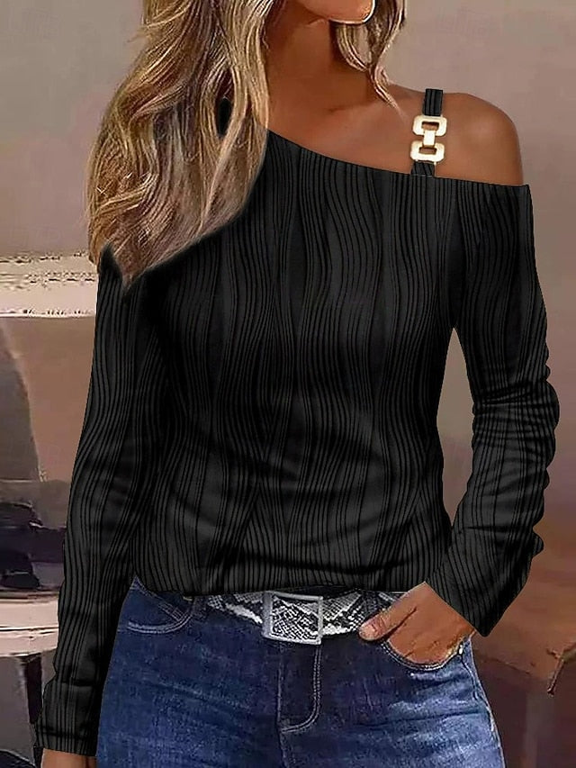 Women's T Shirt Plain Casual Long Sleeve One Shoulder