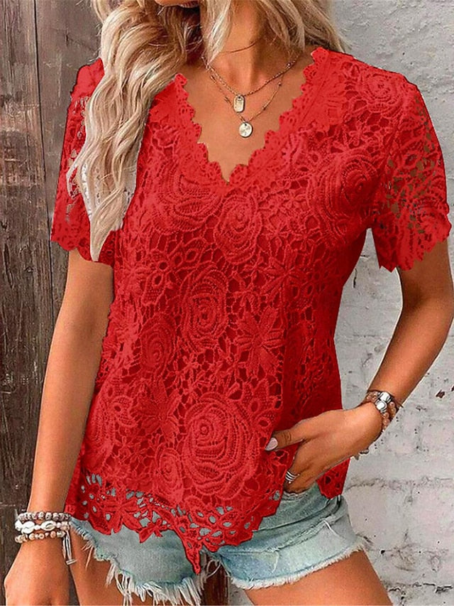 Women's Lace Blouse V-Neck Floral Short Sleeve White