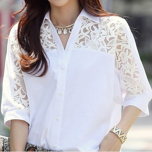 Women's Shirt Lace Shirt Blouse Eyelet top Lace Patchwork