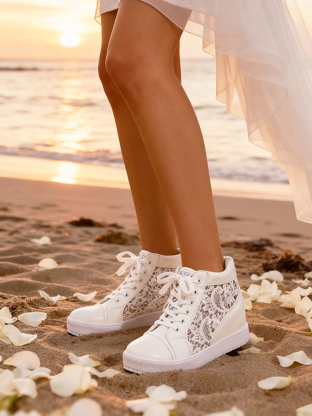 Women's White Lace High-Top Bridal Sneakers with Hidden