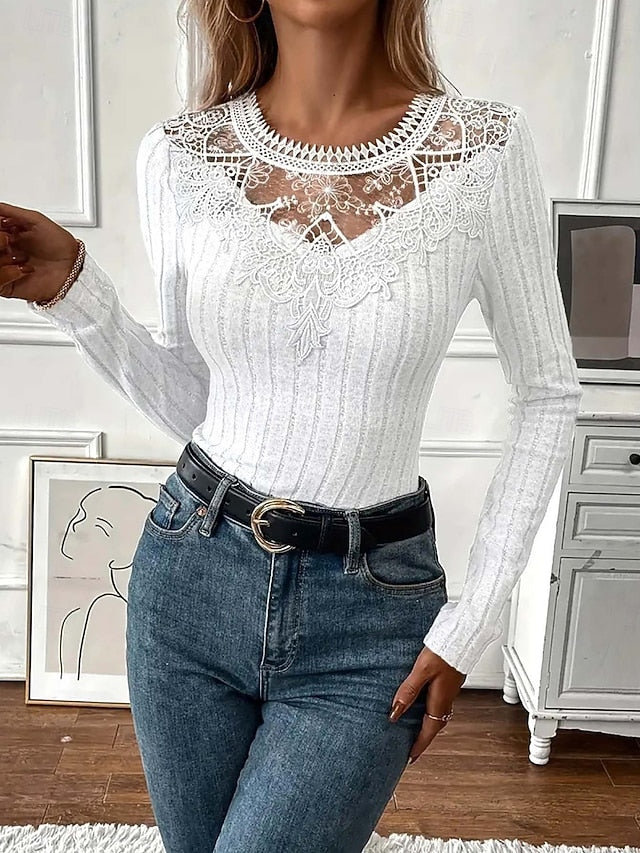 Women's Blouse Lace Patchwork Solid Color Elegant Stylish