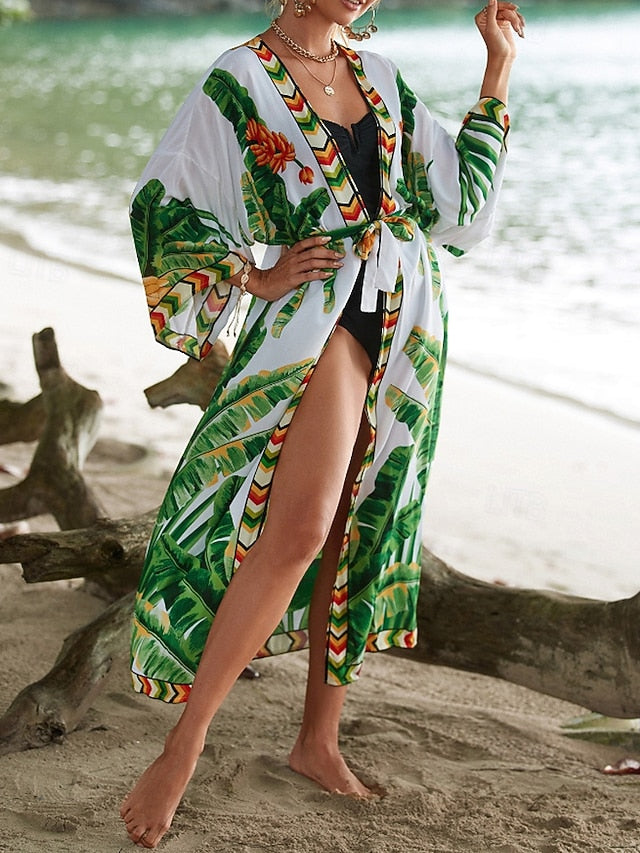 Women's Swimwear Cover Up Swimsuit Tie Front Tropical Beach