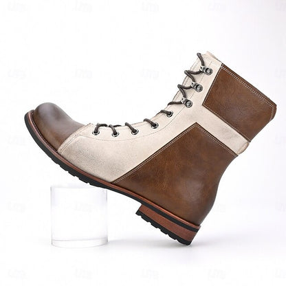 Faux Two-Tone Boots Vintage Lace-Up Mid-Calf Men's Leather