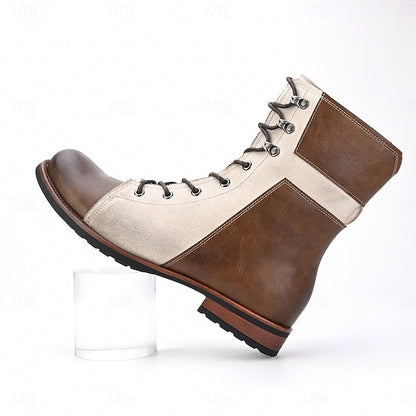 Two-Tone Mid-Calf Men's Faux Boots Vintage Leather Lace-Up