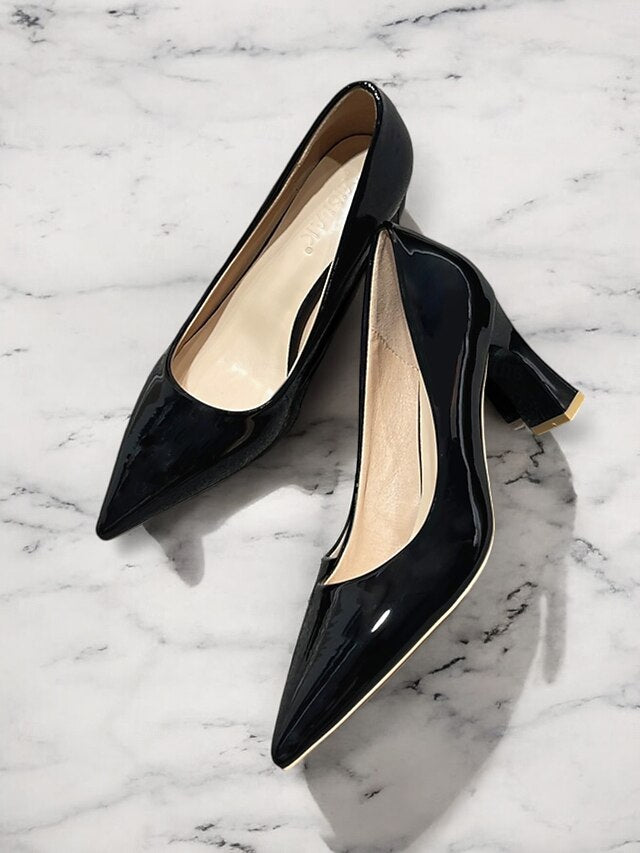 Green Leather Glossy Pumps Patent Heel Faux Block Pointed-Toe