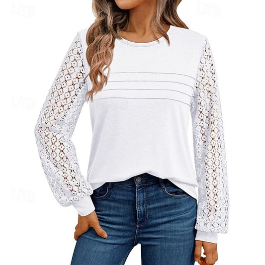 Color Tee Top Shirt Women's T Patchwork Eyelet Solid