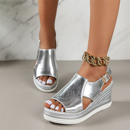 Buckle Wedge Women's Metallic with Sandals Silver Open-Toe