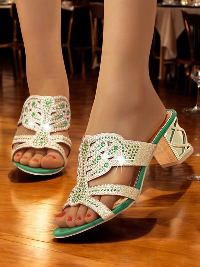 and Heeled Sandals Rhinestone Gold Embellished - Green