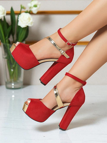 Toe Suede Sandals Red Platform Peep Block - Women's Heel